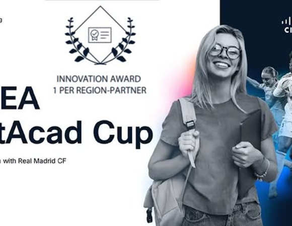Grafika promująca konkurs Cisco Networking Academy Cup EMEA NetAcad Cup 2026 organizowany we współpracy z Realem Madryt. Po lewej stronie widoczny napis "EMEA NetAcad Cup" oraz informacja o nagrodzie "Innovation Award - 1 per region-partner". Po prawej stronie znajduje się logo Cisco i Realu Madryt oraz sylwetki studentki i piłkarzy.