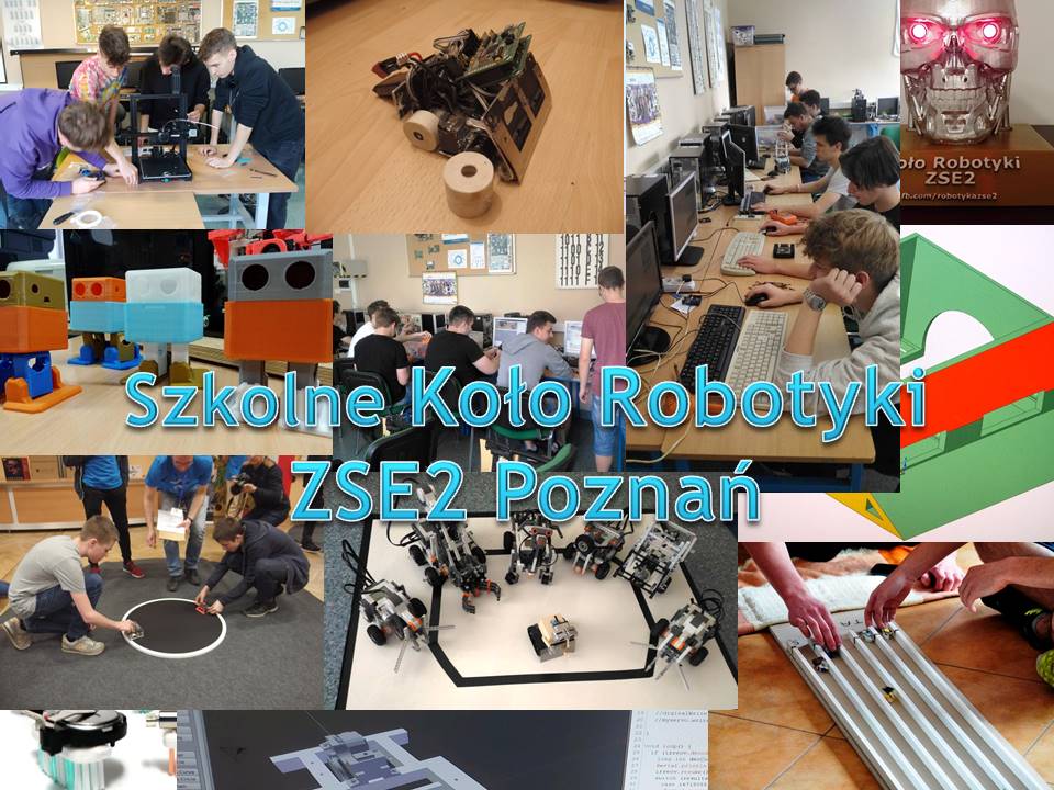 Kolaż zdjęć przedstawiających uczniów pracujących nad robotami, drukiem 3D i programowaniem w szkolnym kole robotyki ZSE2 w Poznaniu - grafika artykułu