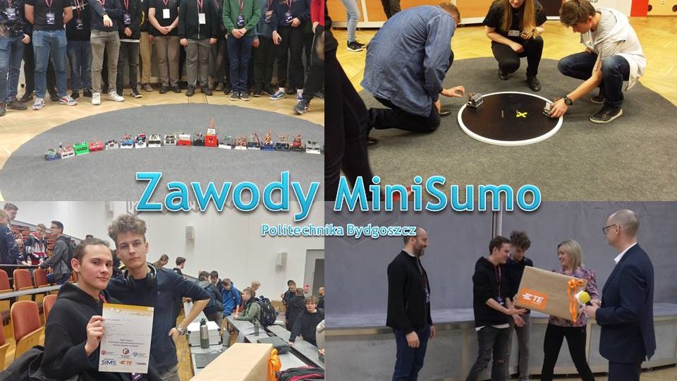 Kolaż zdjęć z zawodów robotów MiniSumo na Politechnice Bydgoskiej, przedstawiający uczestników, pojedynki robotów na ringu oraz wręczanie nagród.