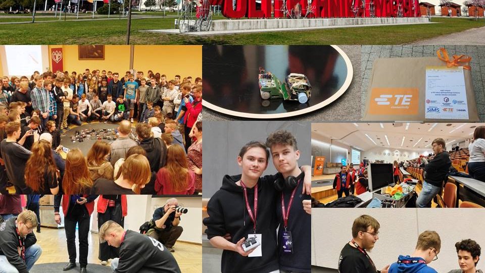 Kolaż zdjęć z zawodów robotów MiniSumo na Politechnice Bydgoskiej, przedstawiający budynki kampusu, zgromadzonych uczestników, walki robotów na ringu oraz momenty przygotowań i prezentacji konstrukcj