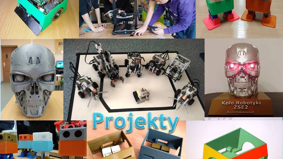Kolaż zdjęć prezentujących różne projekty koła robotyki, w tym roboty mobilne, modele drukowane w 3D, konstrukcje z Lego Mindstorms oraz elementy prototypowe.