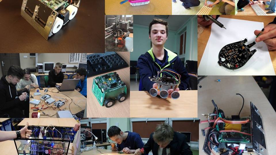 Kolaż zdjęć przedstawiających uczniów pracujących nad robotami mobilnymi, elektroniką i programowaniem, a także gotowe konstrukcje robotów wykorzystywane w zajęciach koła robotyki.